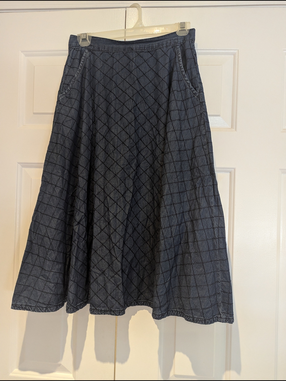 Cottagecore Prairie Quilted Midi Skirt Dark Denim Chambray Pockets 100% Cotton S